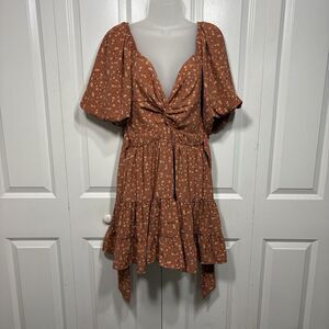 Altar’d State Danielyn Dress Womens L Brown Floral Cottagecore Puff Sleeve Boho